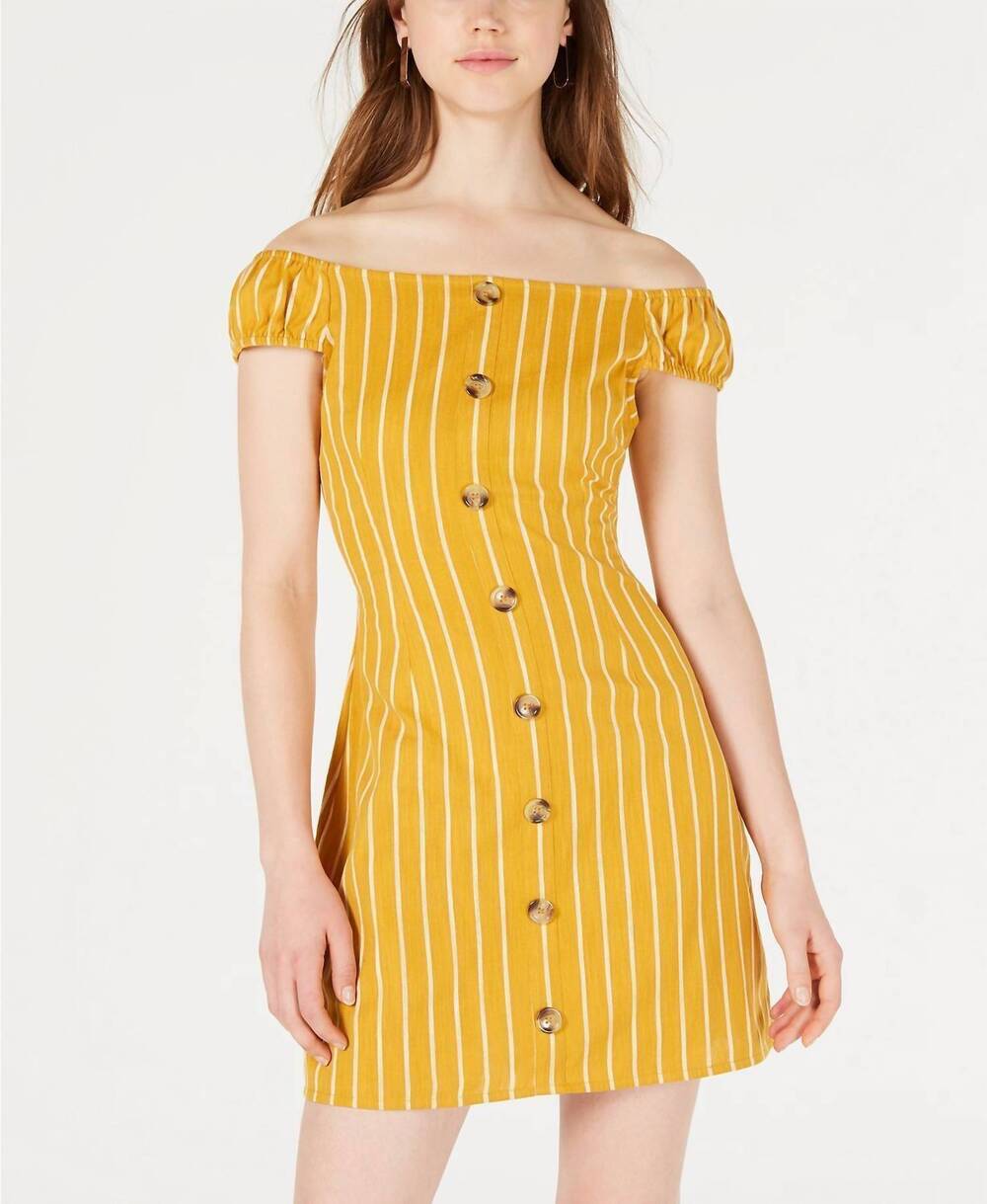 NEW PLANET GOLD women's striped off the shoulder casual dress in golden yellow